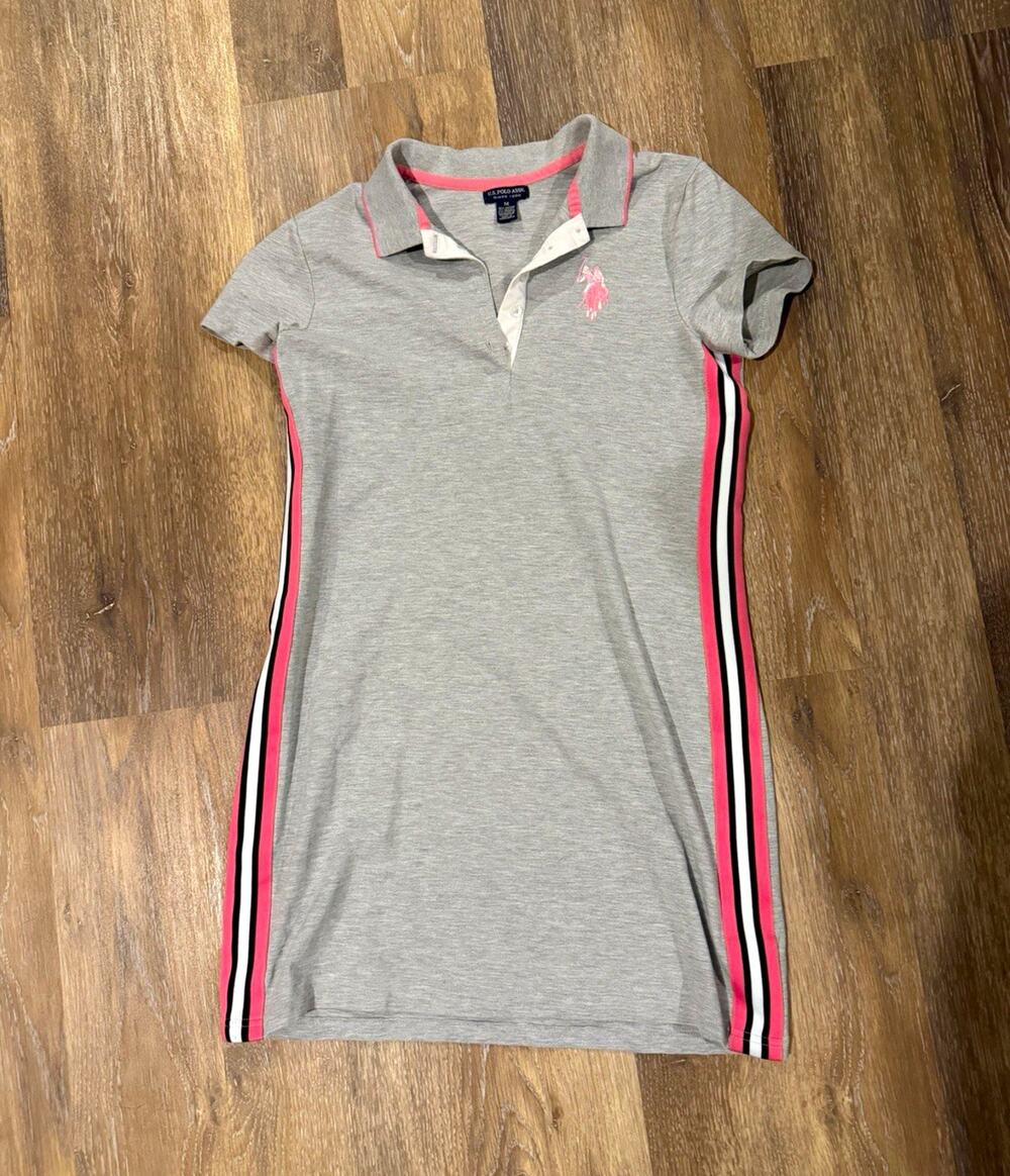 U.S. Polo Assn. Girls Polo Dress M Gray Pink Stripe Short Sleeve Logo